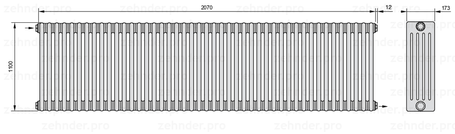 Схема (чертеж) Радиатор Zehnder Charleston 5110/45 №1670 Белый глянцевый RAL 9016